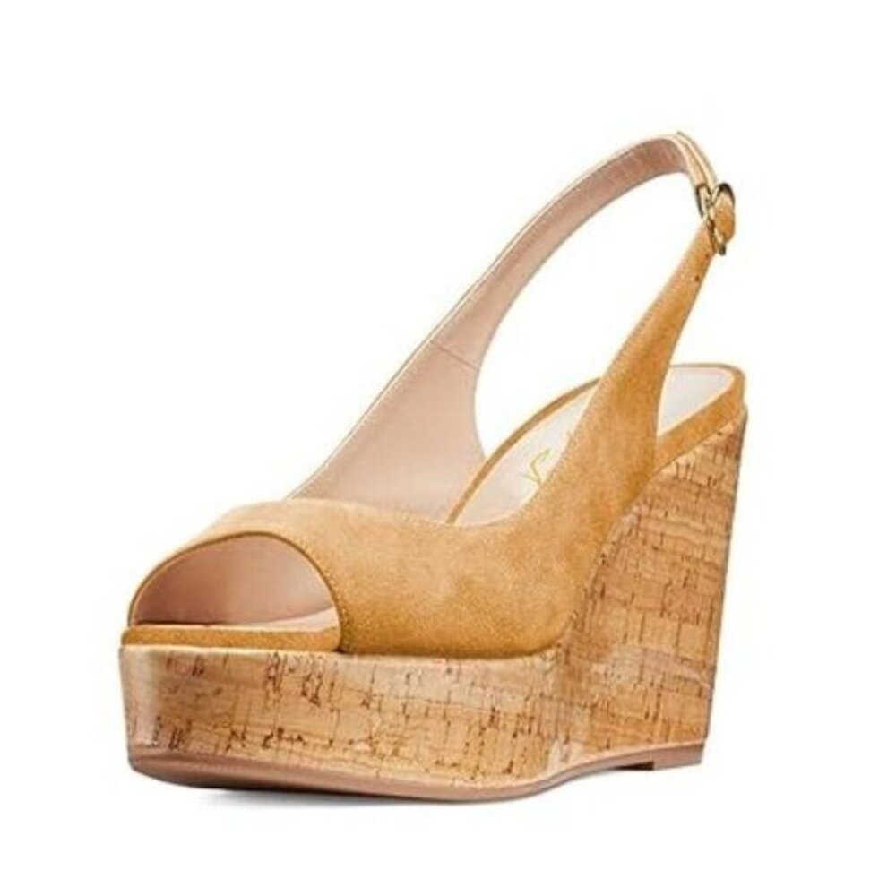 FOWT Khaki Women Peep Toe Slingback Platform Wedge Sandals High Heel Buckle